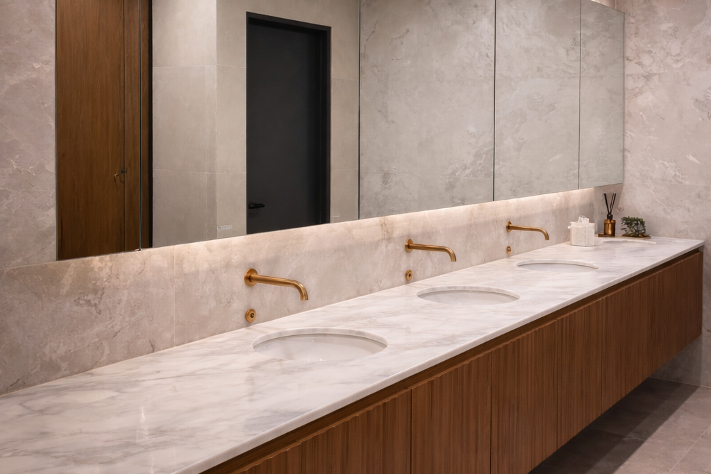 Commercial Bathroom showcasing behind the mirror hand dryer with auto soap dispenser